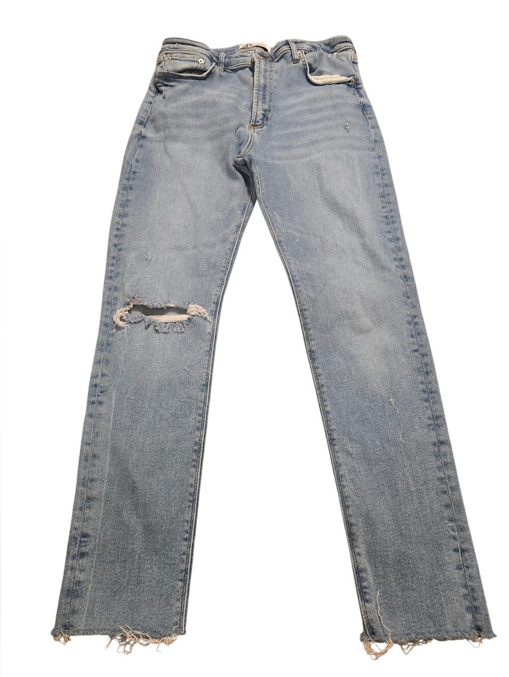 Zara Women's Size 10 Light Wash Distressed Straight-Leg Jeans